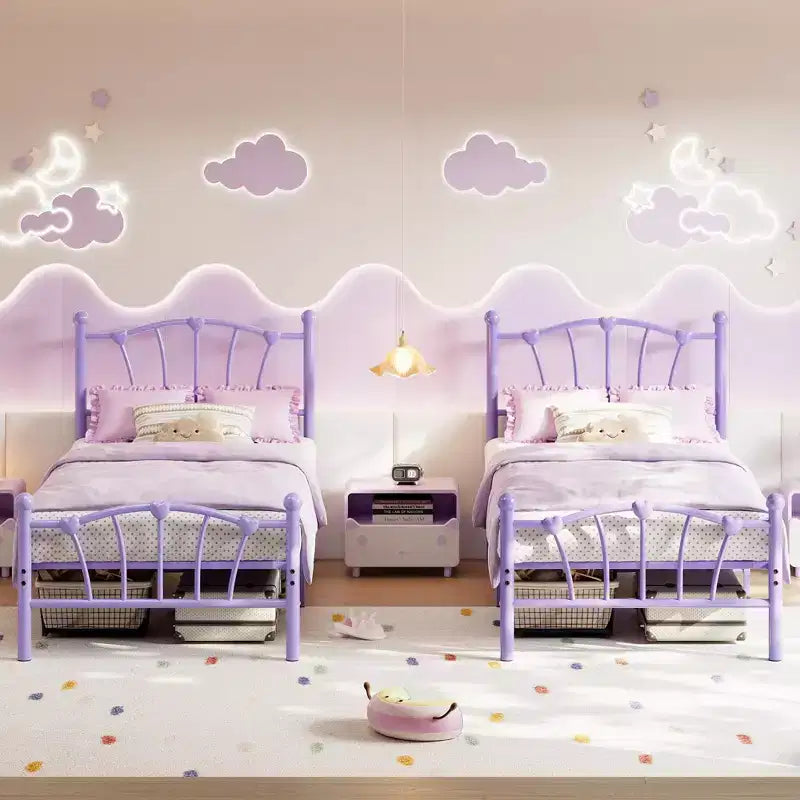 Twin Bed Frame for Kids, Twin Size Bed with Headboard and Footboard, Heart Shaped Platform Bed Frame, Heavy Metal Slat Support, Noiseless