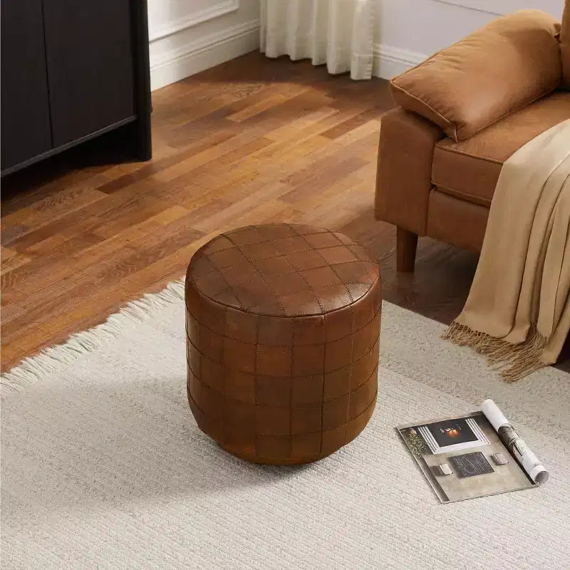Art Leon Vintage-Style Cylindrical Leather Ottoman