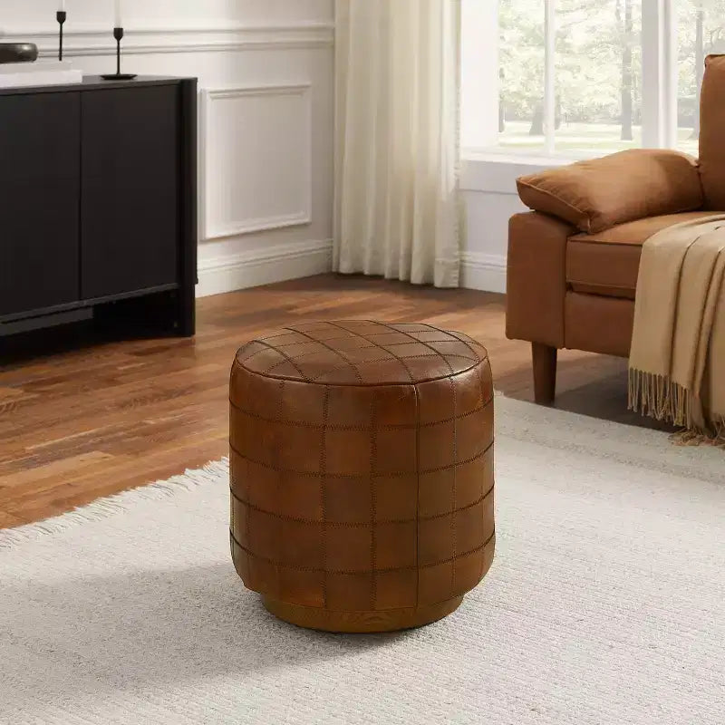 Art Leon Vintage-Style Cylindrical Leather Ottoman