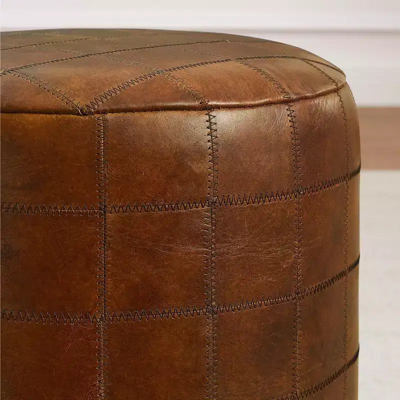 Art Leon Vintage-Style Cylindrical Leather Ottoman