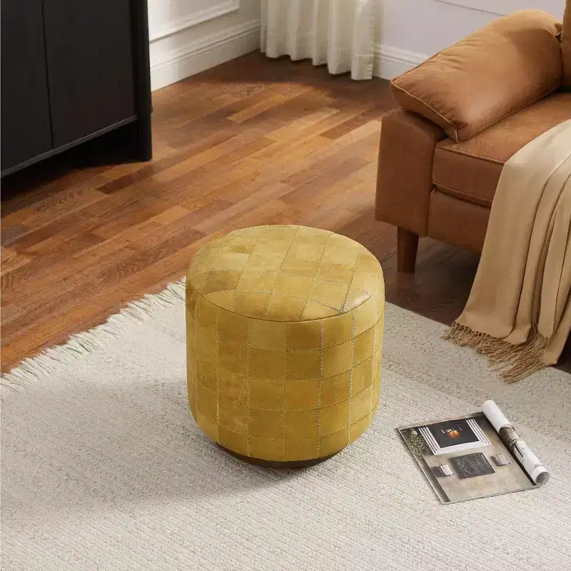 Art Leon Vintage-Style Cylindrical Leather Ottoman
