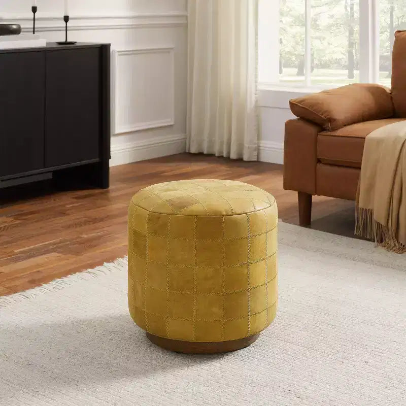 Art Leon Vintage-Style Cylindrical Leather Ottoman
