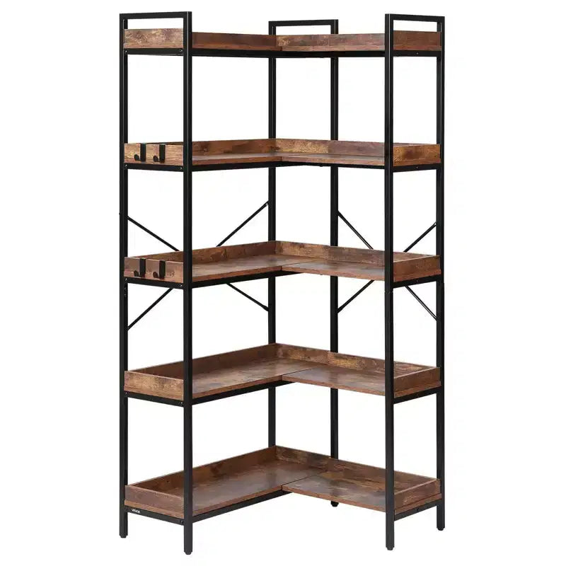VIYET 65.4 5-Tier Industrial Corner Bookshelf-Metal Frame, Wooden Shelves, 4 Hooks, L-Shaped