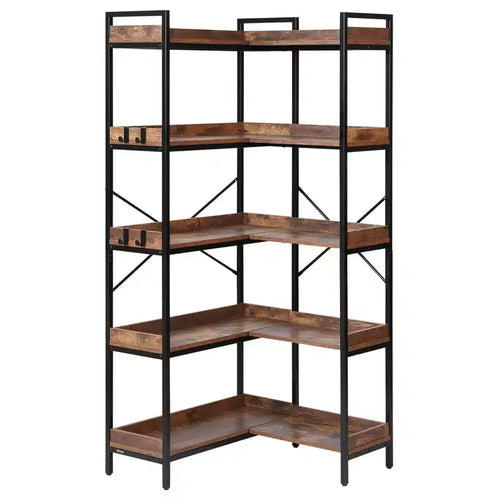 VIYET 65.4 5-Tier Industrial Corner Bookshelf-Metal Frame, Wooden Shelves, 4 Hooks, L-Shaped