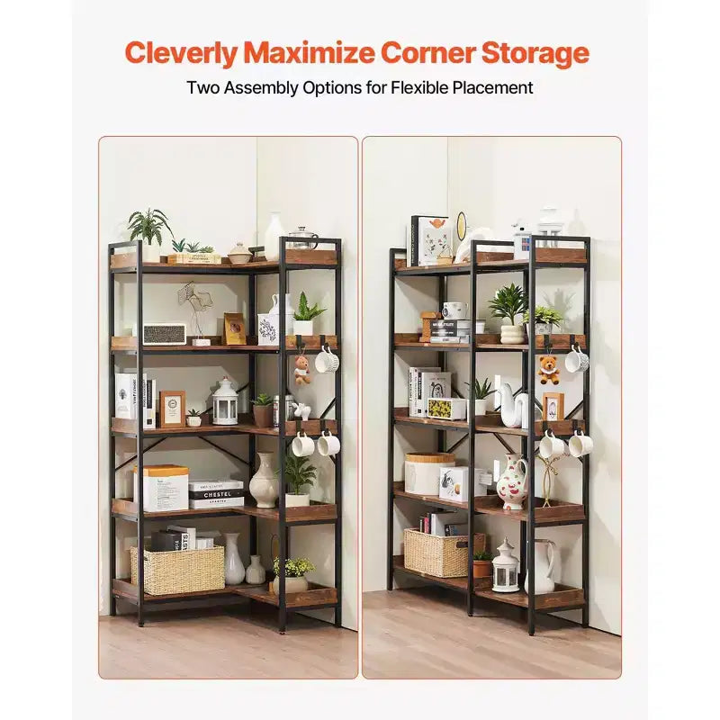 VIYET 65.4 5-Tier Industrial Corner Bookshelf-Metal Frame, Wooden Shelves, 4 Hooks, L-Shaped