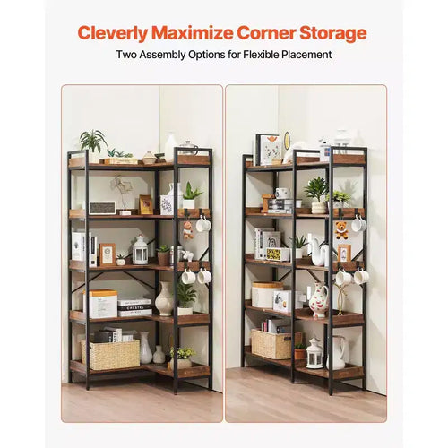 VIYET 65.4 5-Tier Industrial Corner Bookshelf-Metal Frame, Wooden Shelves, 4 Hooks, L-Shaped