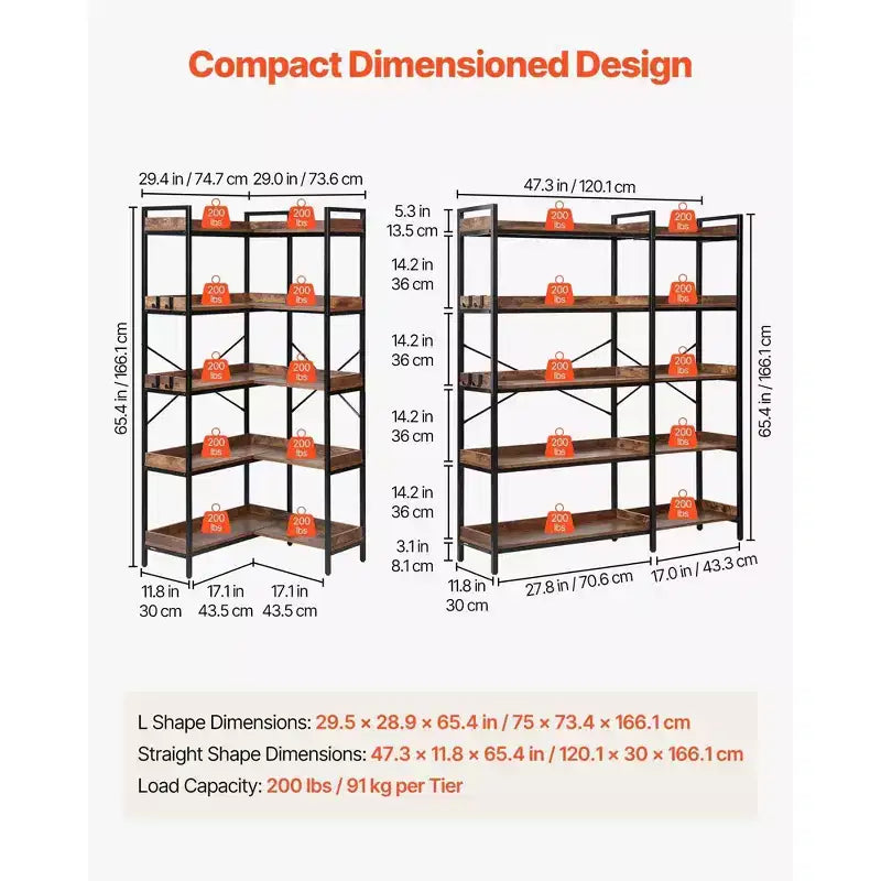 VIYET 65.4 5-Tier Industrial Corner Bookshelf-Metal Frame, Wooden Shelves, 4 Hooks, L-Shaped