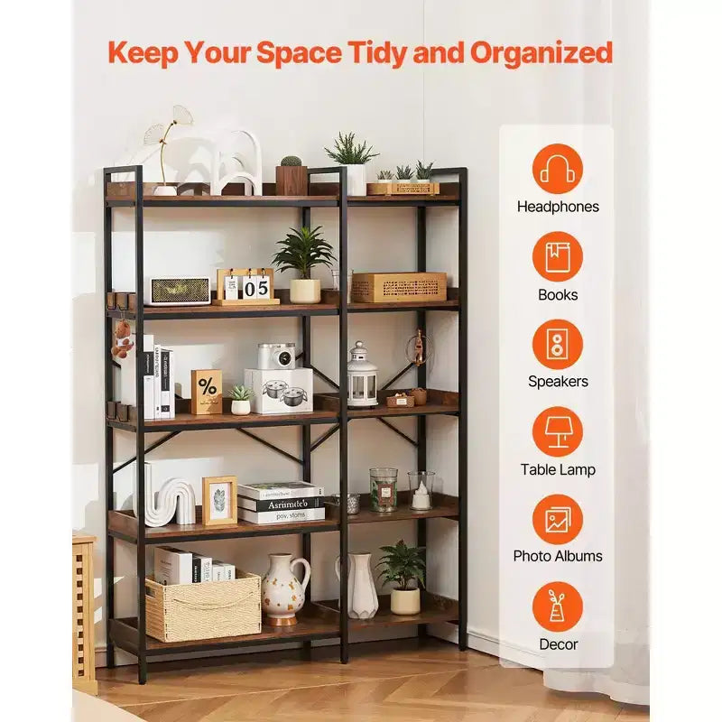 VIYET 65.4 5-Tier Industrial Corner Bookshelf-Metal Frame, Wooden Shelves, 4 Hooks, L-Shaped