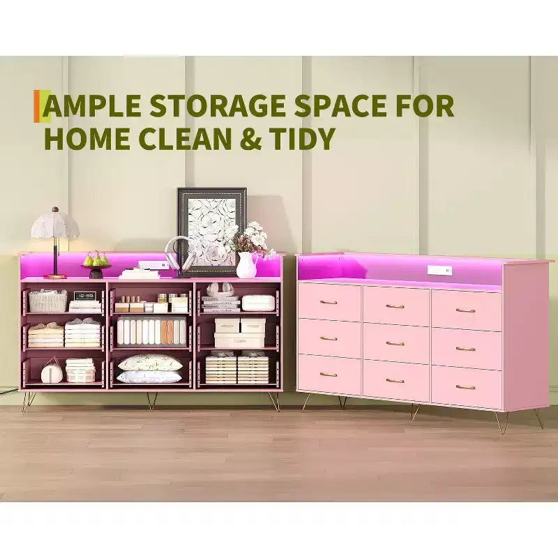 9-Drawer Wood Dresser with LED Lights, App Control & Charging Station, 62.8W Modern Storage for Bedroom, Living Room