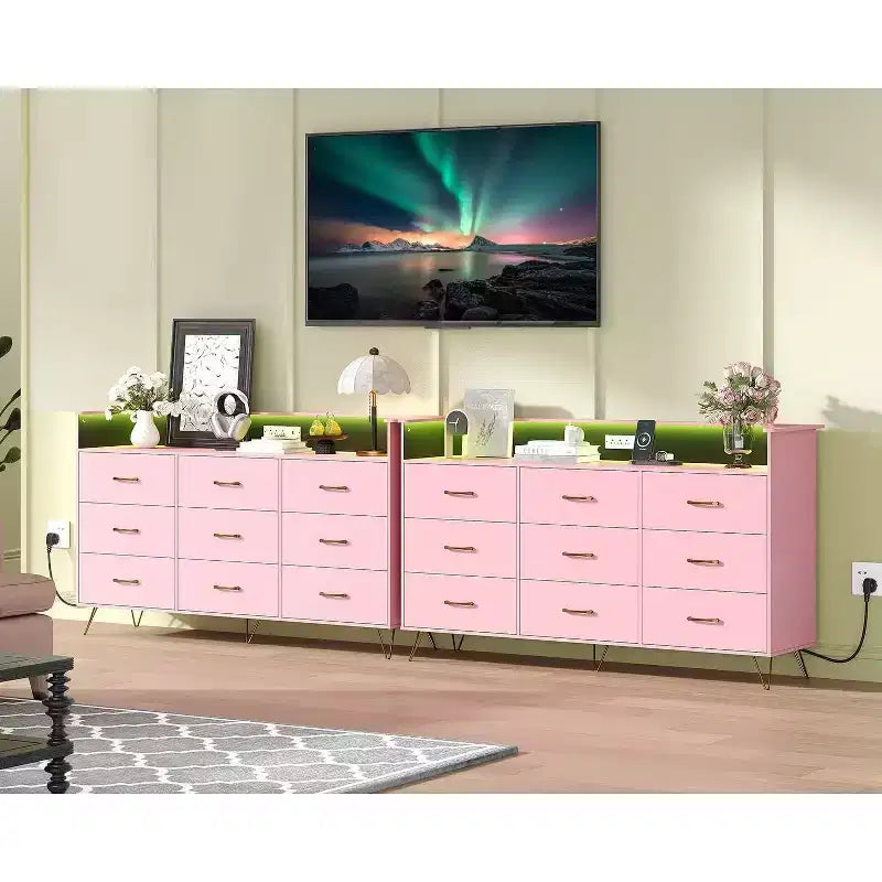 9-Drawer Wood Dresser with LED Lights, App Control & Charging Station, 62.8W Modern Storage for Bedroom, Living Room