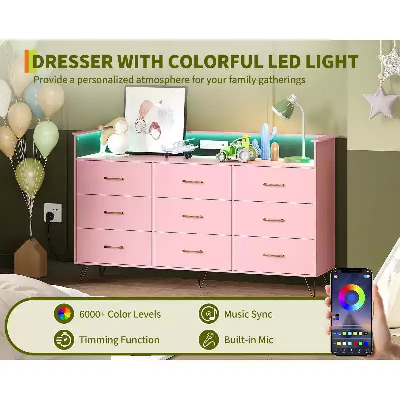 9-Drawer Wood Dresser with LED Lights, App Control & Charging Station, 62.8W Modern Storage for Bedroom, Living Room