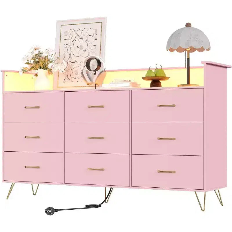 9-Drawer Wood Dresser with LED Lights, App Control & Charging Station, 62.8W Modern Storage for Bedroom, Living Room