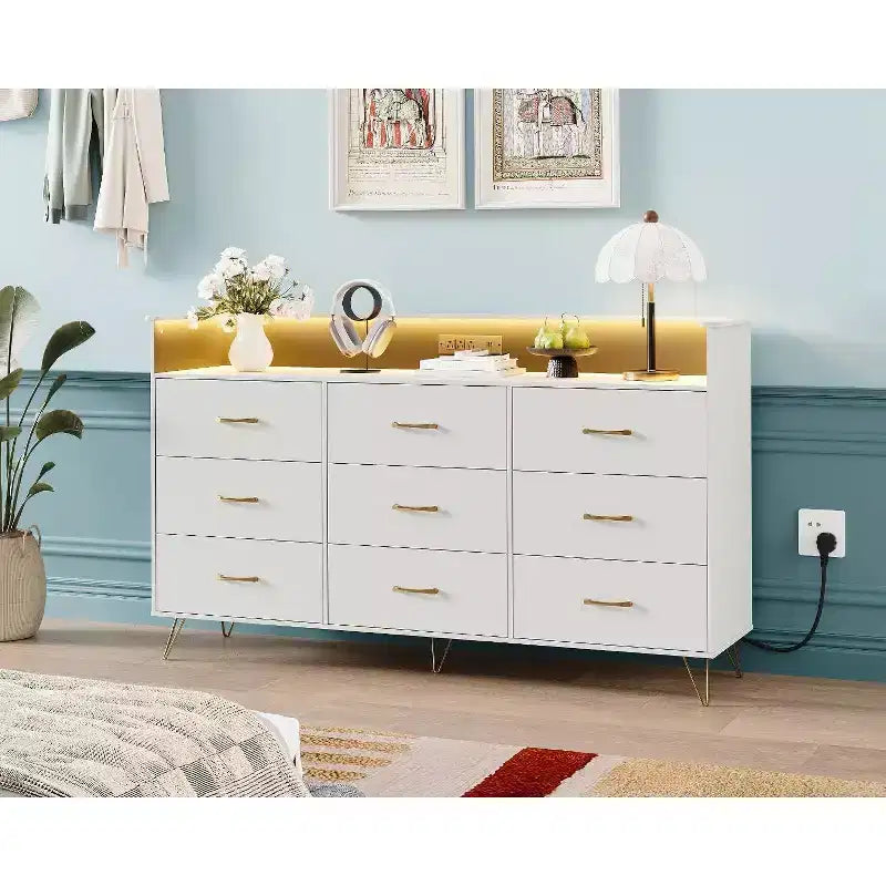 9-Drawer Wood Dresser with LED Lights, App Control & Charging Station, 62.8W Modern Storage for Bedroom, Living Room