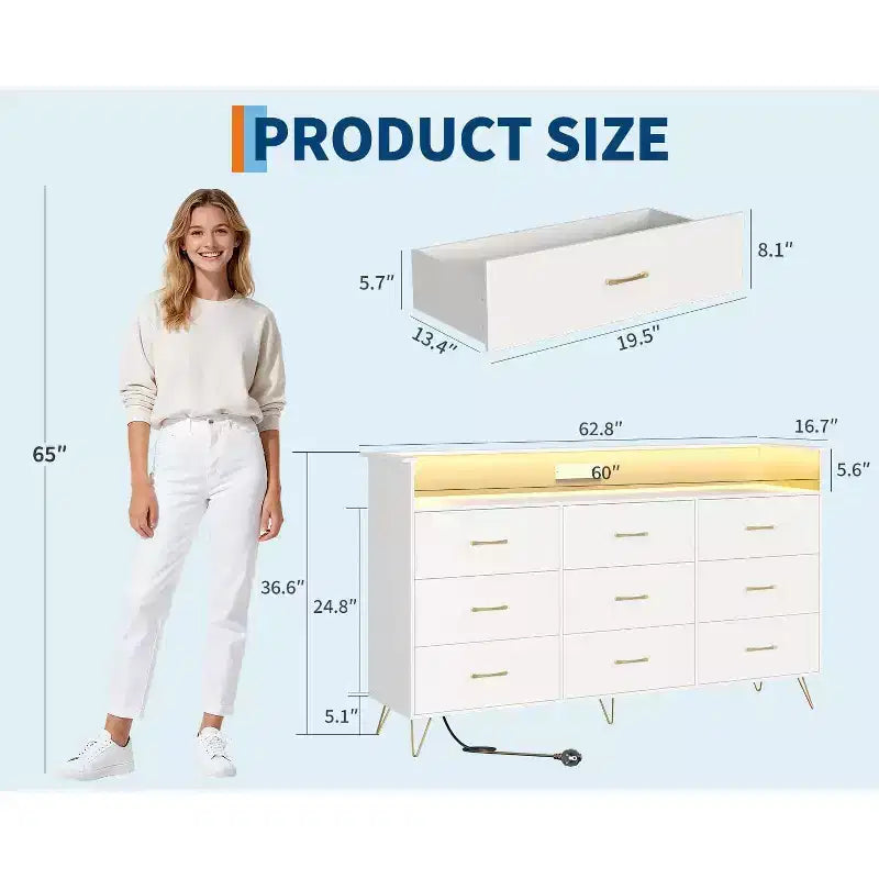 9-Drawer Wood Dresser with LED Lights, App Control & Charging Station, 62.8W Modern Storage for Bedroom, Living Room