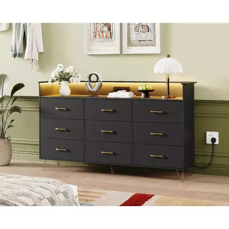 9-Drawer Wood Dresser with LED Lights, App Control & Charging Station, 62.8W Modern Storage for Bedroom, Living Room