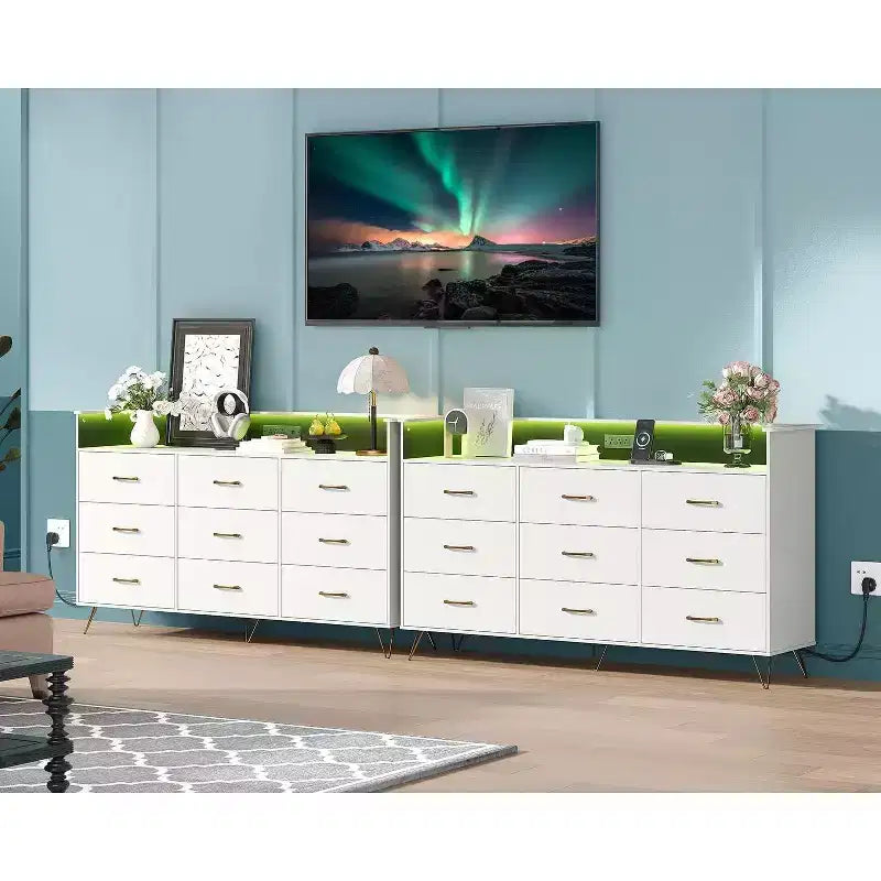 9-Drawer Wood Dresser with LED Lights, App Control & Charging Station, 62.8W Modern Storage for Bedroom, Living Room