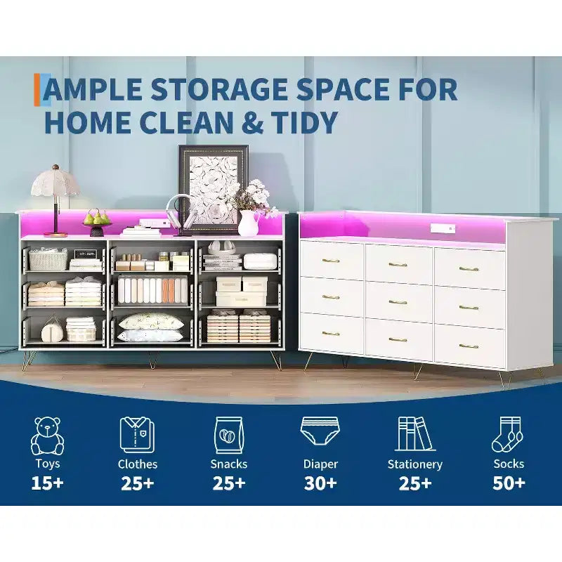 9-Drawer Wood Dresser with LED Lights, App Control & Charging Station, 62.8W Modern Storage for Bedroom, Living Room