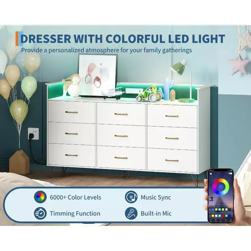 9-Drawer Wood Dresser with LED Lights, App Control & Charging Station, 62.8W Modern Storage for Bedroom, Living Room