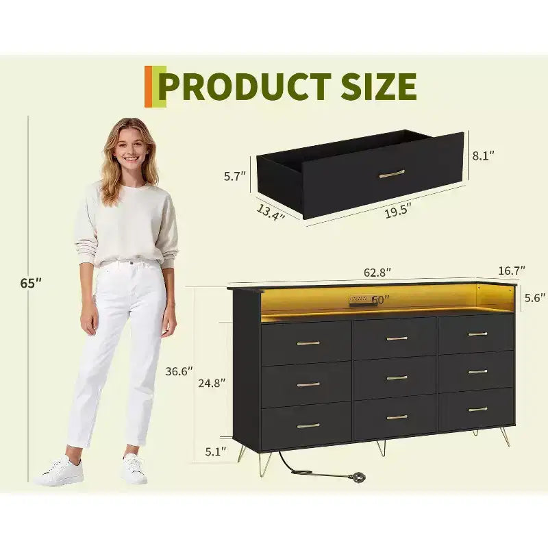9-Drawer Wood Dresser with LED Lights, App Control & Charging Station, 62.8W Modern Storage for Bedroom, Living Room