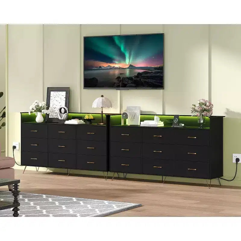 9-Drawer Wood Dresser with LED Lights, App Control & Charging Station, 62.8W Modern Storage for Bedroom, Living Room