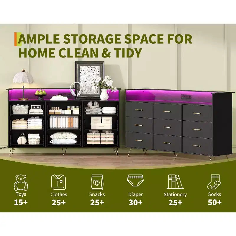 9-Drawer Wood Dresser with LED Lights, App Control & Charging Station, 62.8W Modern Storage for Bedroom, Living Room