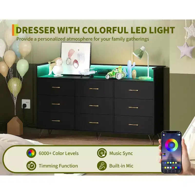 9-Drawer Wood Dresser with LED Lights, App Control & Charging Station, 62.8W Modern Storage for Bedroom, Living Room