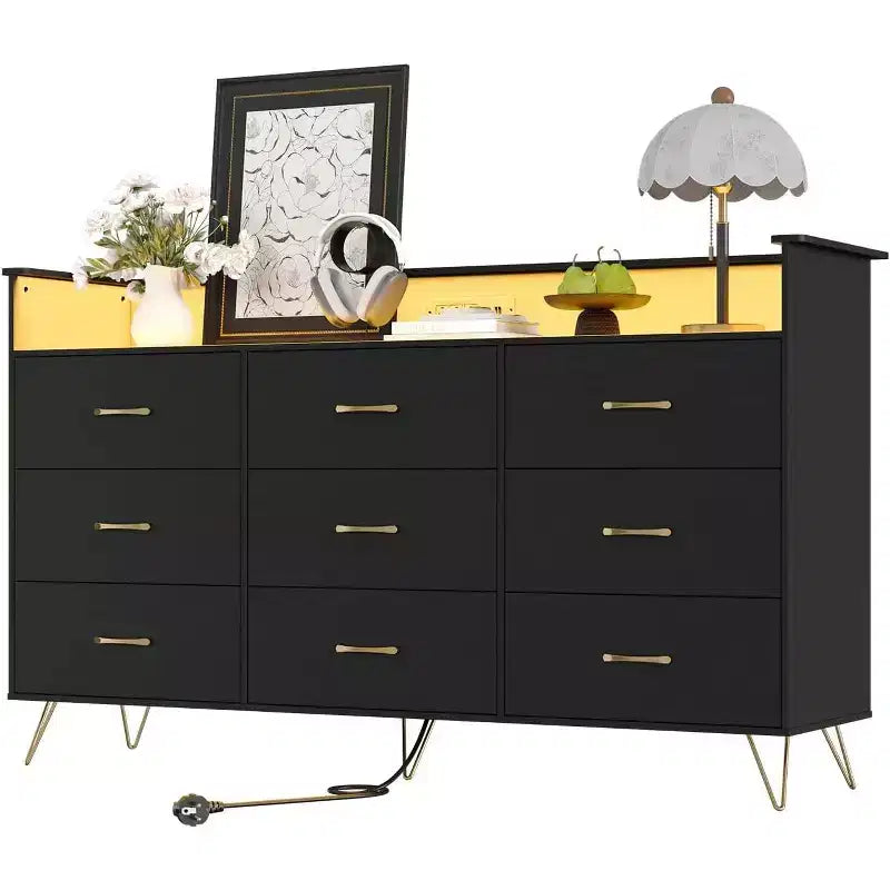 9-Drawer Wood Dresser with LED Lights, App Control & Charging Station, 62.8W Modern Storage for Bedroom, Living Room