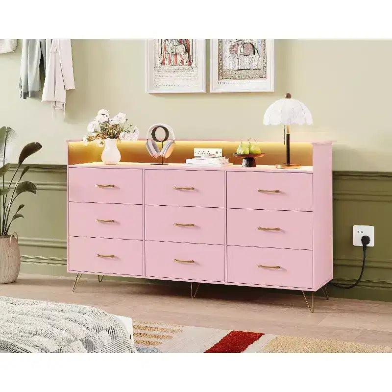 9-Drawer Wood Dresser with LED Lights, App Control & Charging Station, 62.8W Modern Storage for Bedroom, Living Room
