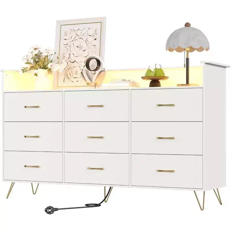 9-Drawer Wood Dresser with LED Lights, App Control & Charging Station, 62.8W Modern Storage for Bedroom, Living Room