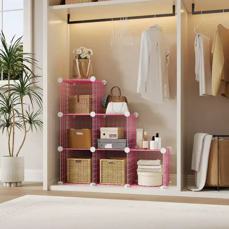 Wire Cube Storage 6-Cube Modular Closet Organizer Shelf Unit for Bedroom Office, Pink