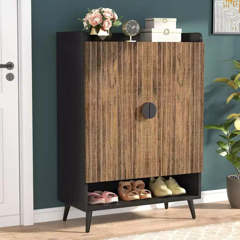 Lantine 7-Tier Shoe Cabinet with Doors, Wooden Storage Cabinet with Adjustable Shelves for Entryway, Hallway, Closet, Living Room, Rustic Brown