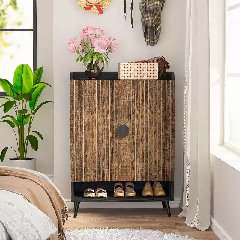 Lantine 7-Tier Shoe Cabinet with Doors, Wooden Storage Cabinet with Adjustable Shelves for Entryway, Hallway, Closet, Living Room, Rustic Brown