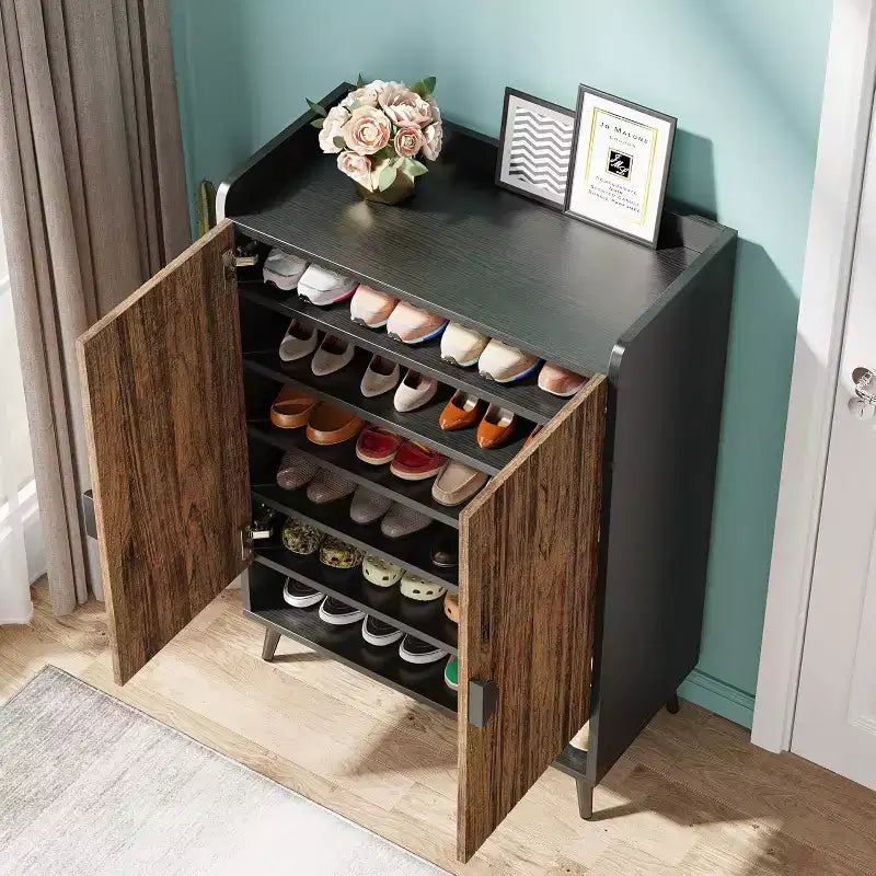 Lantine 7-Tier Shoe Cabinet with Doors, Wooden Storage Cabinet with Adjustable Shelves for Entryway, Hallway, Closet, Living Room, Rustic Brown