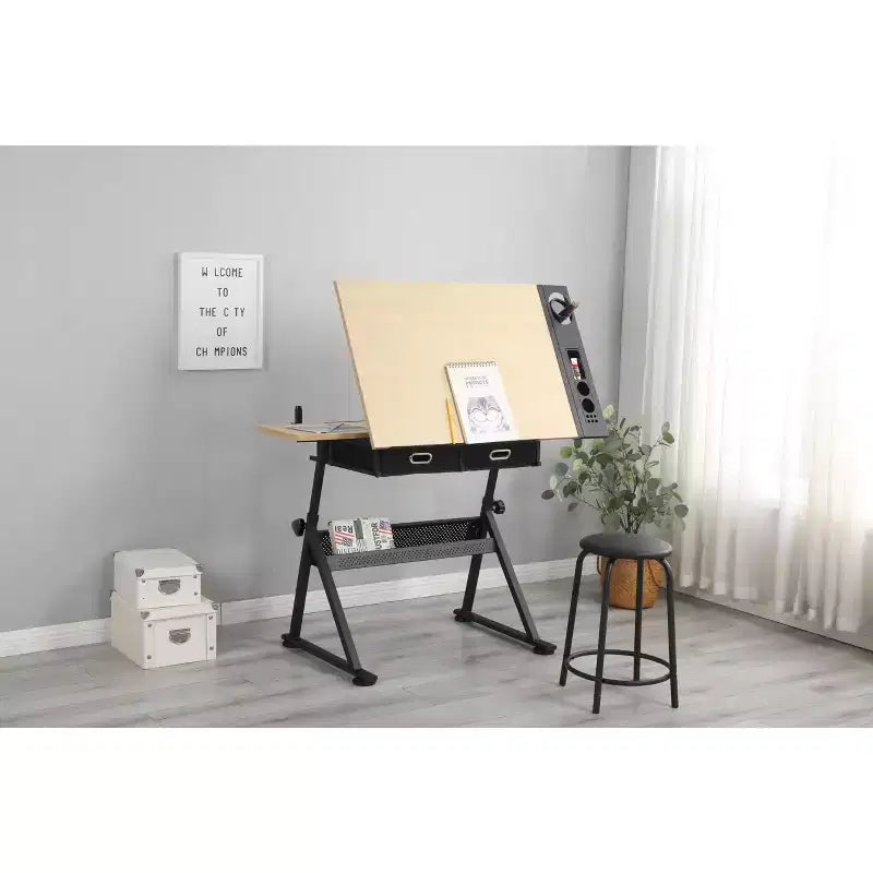 Height Adjustable Artist Drafting Table 0-75 Tilting Tabletop, 2 Storage Drawers, Stool Included Art & Craft Desk for Home or Office