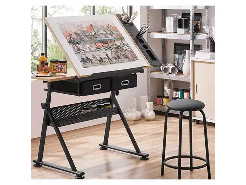 Height Adjustable Artist Drafting Table 0-75 Tilting Tabletop, 2 Storage Drawers, Stool Included Art & Craft Desk for Home or Office