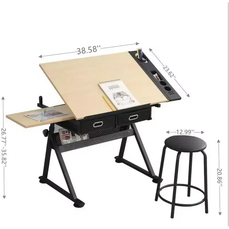 Height Adjustable Artist Drafting Table 0-75 Tilting Tabletop, 2 Storage Drawers, Stool Included Art & Craft Desk for Home or Office