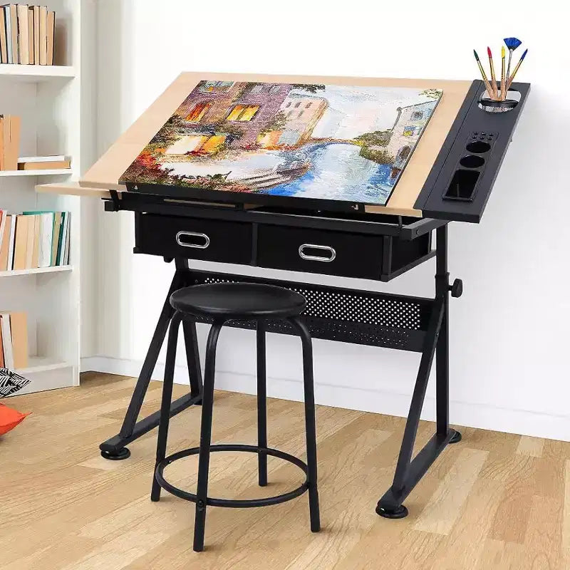Height Adjustable Artist Drafting Table 0-75 Tilting Tabletop, 2 Storage Drawers, Stool Included Art & Craft Desk for Home or Office