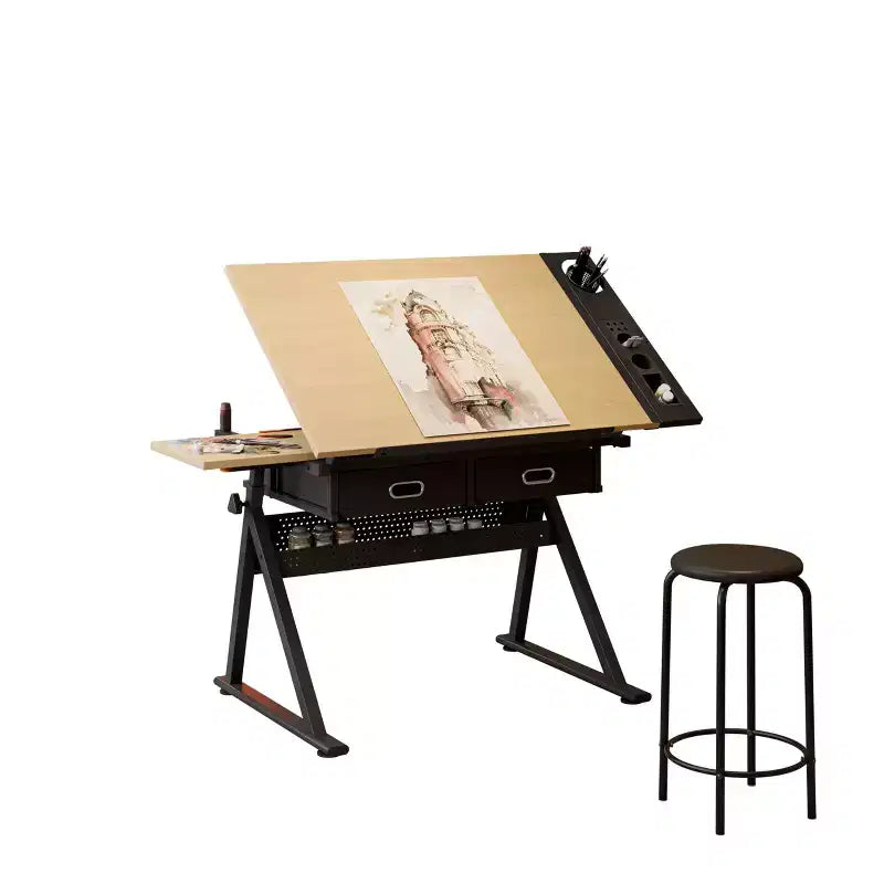 Height Adjustable Artist Drafting Table 0-75 Tilting Tabletop, 2 Storage Drawers, Stool Included Art & Craft Desk for Home or Office