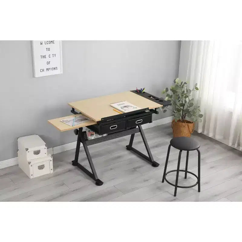 Height Adjustable Artist Drafting Table 0-75 Tilting Tabletop, 2 Storage Drawers, Stool Included Art & Craft Desk for Home or Office