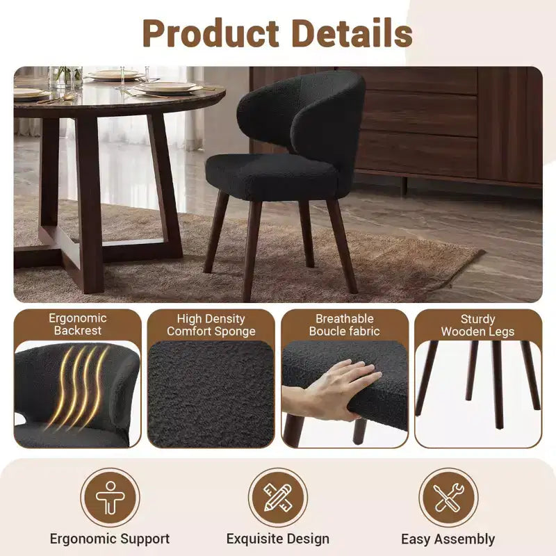 Hyleory Modern Boucle Upholstered Dining Chair with Curved Barrel Back, Solid Wood Legs