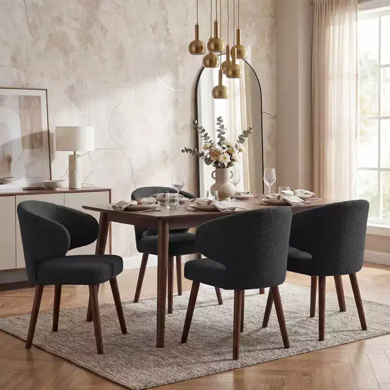 Hyleory Modern Boucle Upholstered Dining Chair with Curved Barrel Back, Solid Wood Legs