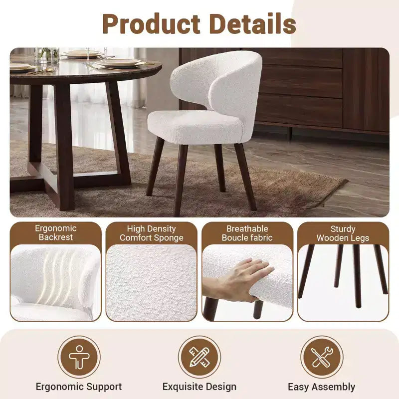 Hyleory Modern Boucle Upholstered Dining Chair with Curved Barrel Back, Solid Wood Legs