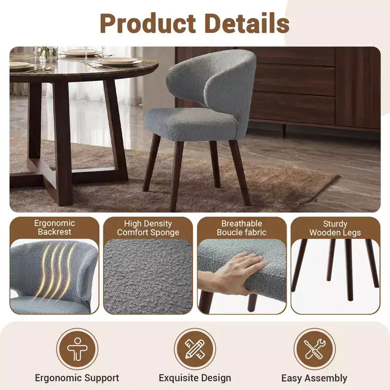 Hyleory Modern Boucle Upholstered Dining Chair with Curved Barrel Back, Solid Wood Legs