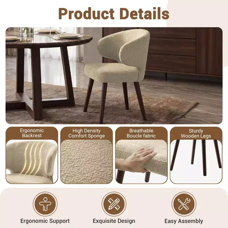 Hyleory Modern Boucle Upholstered Dining Chair with Curved Barrel Back, Solid Wood Legs