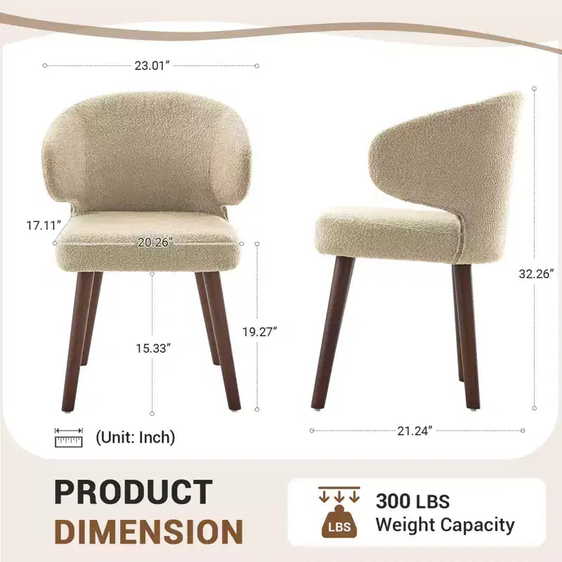 Hyleory Modern Boucle Upholstered Dining Chair with Curved Barrel Back, Solid Wood Legs