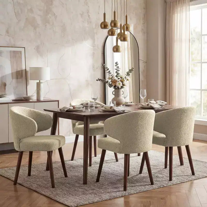 Hyleory Modern Boucle Upholstered Dining Chair with Curved Barrel Back, Solid Wood Legs