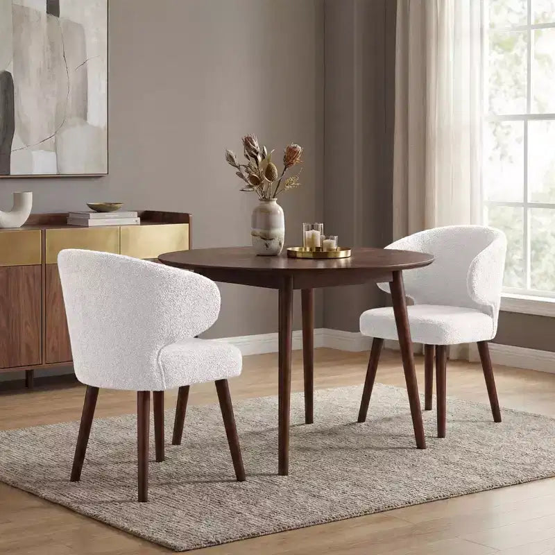 Hyleory Modern Boucle Upholstered Dining Chair with Curved Barrel Back, Solid Wood Legs