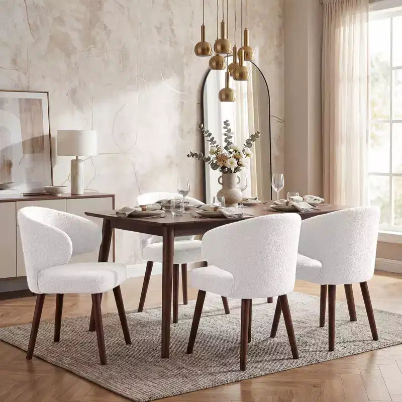 Hyleory Modern Boucle Upholstered Dining Chair with Curved Barrel Back, Solid Wood Legs