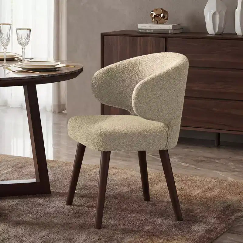 Hyleory Modern Boucle Upholstered Dining Chair with Curved Barrel Back, Solid Wood Legs