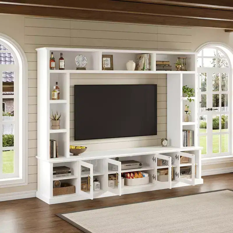 Wall Unit Entertainment Center with Bookshelf for TVs Up to 80, Large TV Stand Media Console Display Cabinet with Adjustable Shelves - ModernLuxe